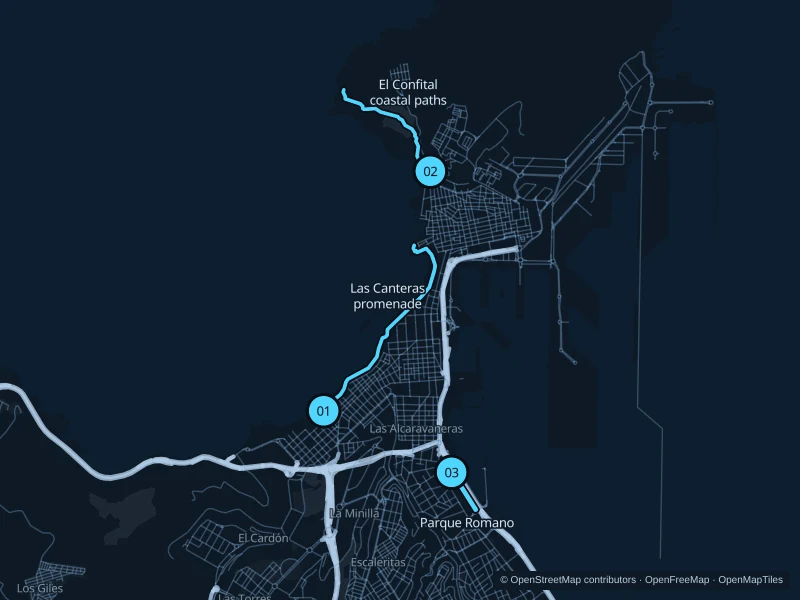 Map of Las Palmas de Gran Canaria with three numbered running-route starts.