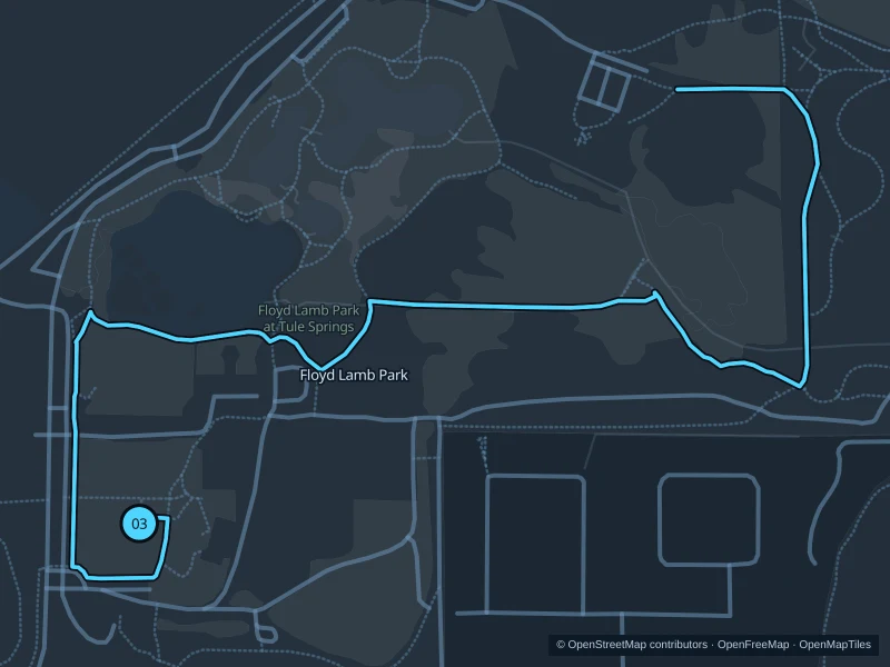 Mapa de la ruta de 3,9 km por Floyd Lamb Park, con inicio y final marcados con 03.