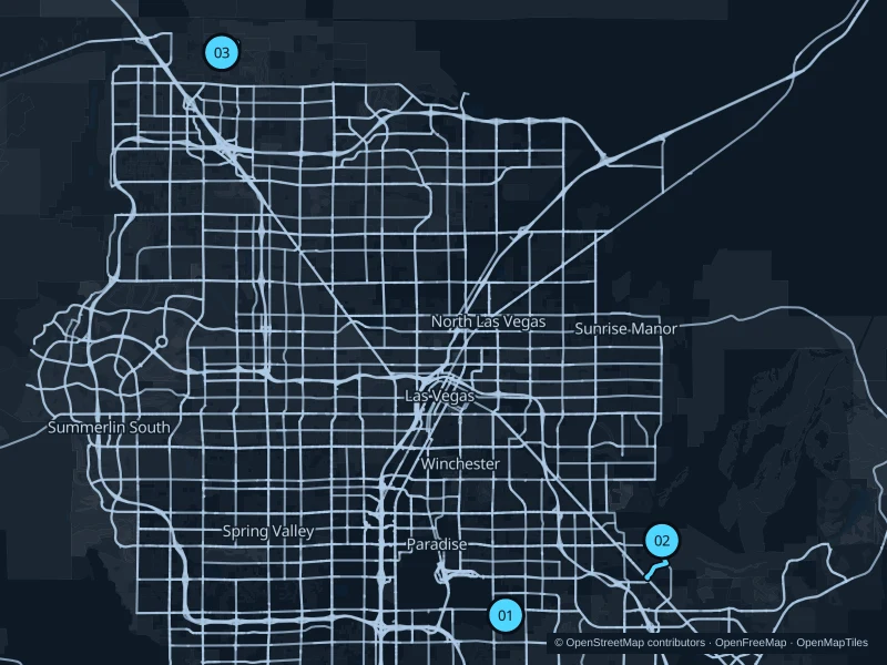 Mapa de Las Vegas con tres puntos de inicio numerados para correr.