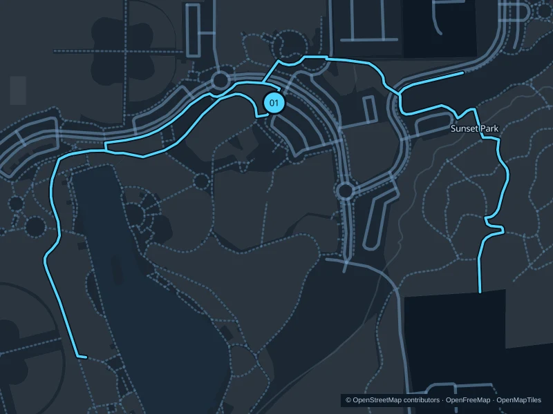 Mapa de la ruta de 3,1 km por Sunset Park, con inicio y final marcados con 01.