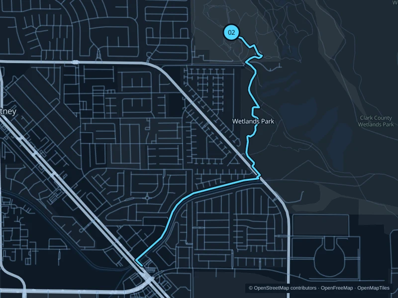 Mapa de la ruta de 6,0 km por Clark County Wetlands Park, con inicio y final marcados con 02.