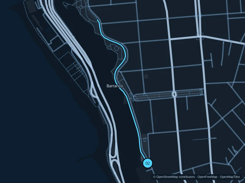 Mapa de la ruta de 1,4 km por Barranco · Malecón Paul Harris, con salida y llegada señaladas con 02.