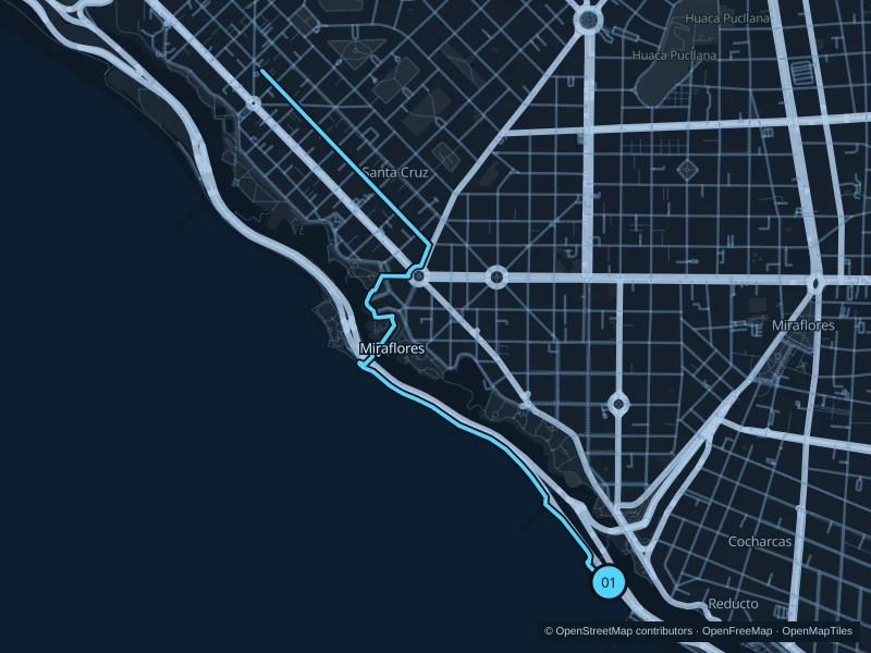 Mapa de la ruta de 6,2 km por Miraflores · Cisneros y caminos costeros inferiores, con salida y llegada señaladas con 01.