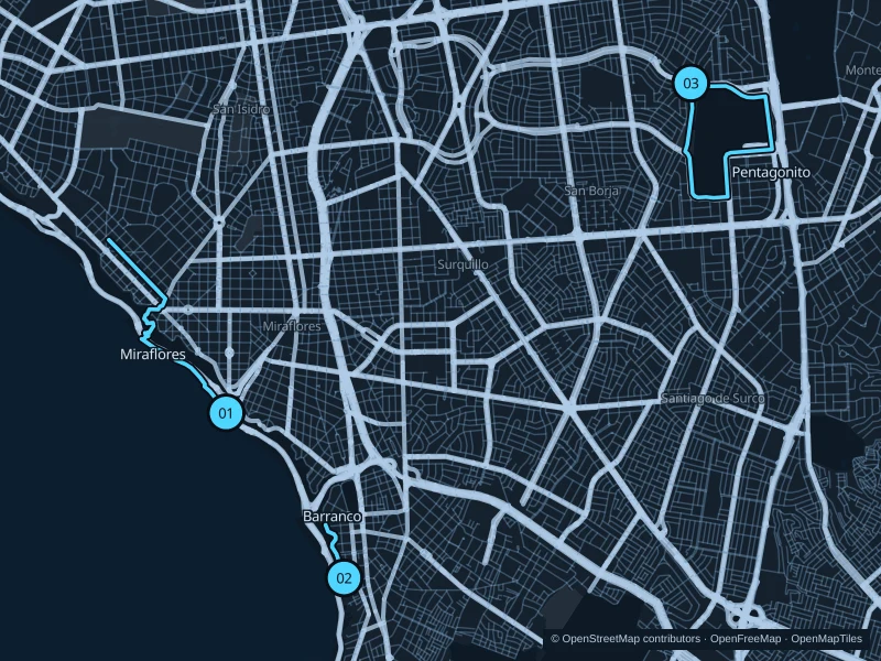Mapa de Lima con tres puntos de salida numerados para correr.