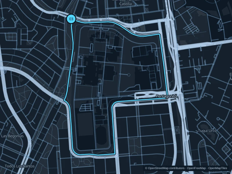 Mapa de la ruta de 4,1 km por San Borja · Pentagonito, con salida y llegada señaladas con 03.