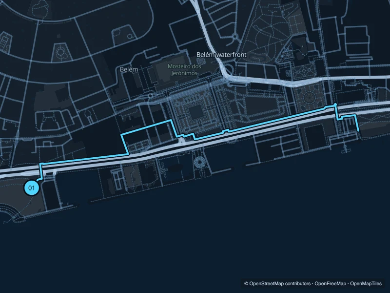 Map of the 3.9 km Belém · tower and gardens run, with start and finish marked 01.