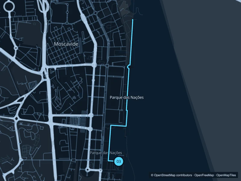Map of the 4.9 km Parque das Nações run, with start and finish marked 03.