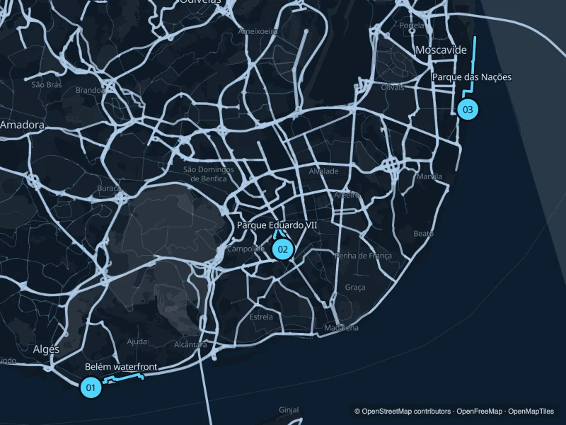 Map of Lisbon with three numbered running-route starts.