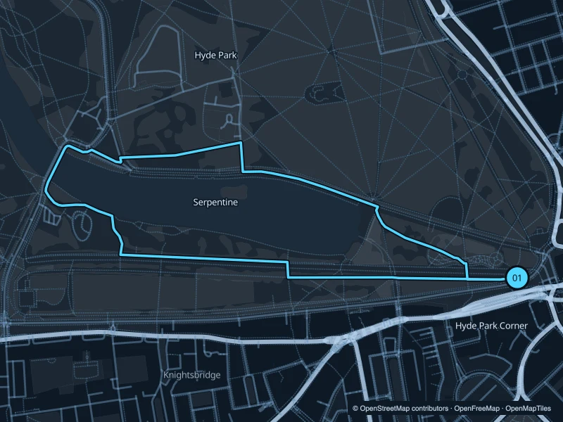 Mapped 3.2 km Hyde Park circuit from Hyde Park Corner around the Serpentine, with start and finish marked 01.
