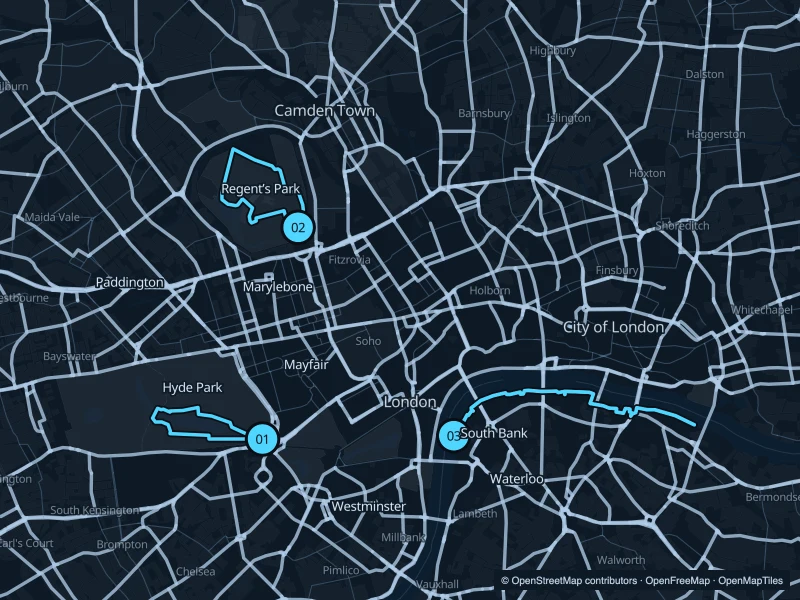 Map of central London showing Hyde Park to the west, Regent’s Park to the north and the South Bank beside the Thames, with three numbered route starts.
