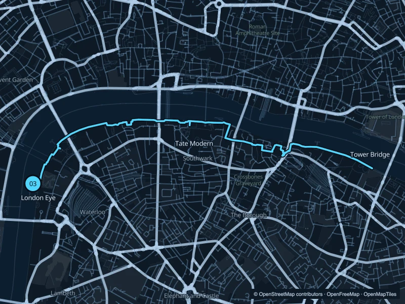 Mapped 7.9 km out-and-back run on the south bank from the London Eye to Tower Bridge, with start and finish marked 03.