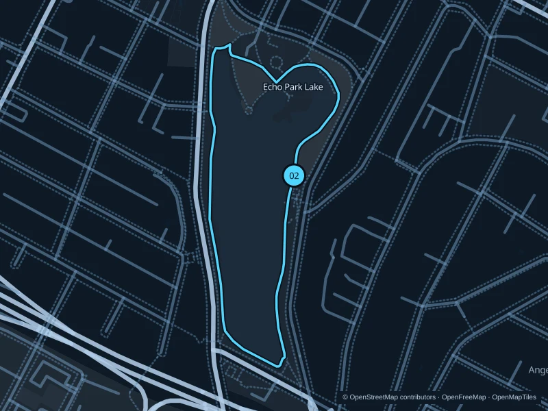 Map of the 1.4 km Echo Park Lake run, with start and finish marked 02.