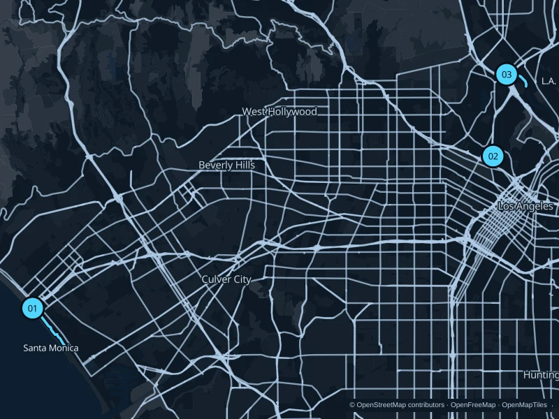 Map of Los Angeles with three numbered running-route starts.