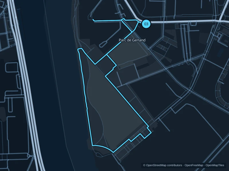 Map of the 2.7 km Parc de Gerland Henry Chabert run, with start and finish marked 03.