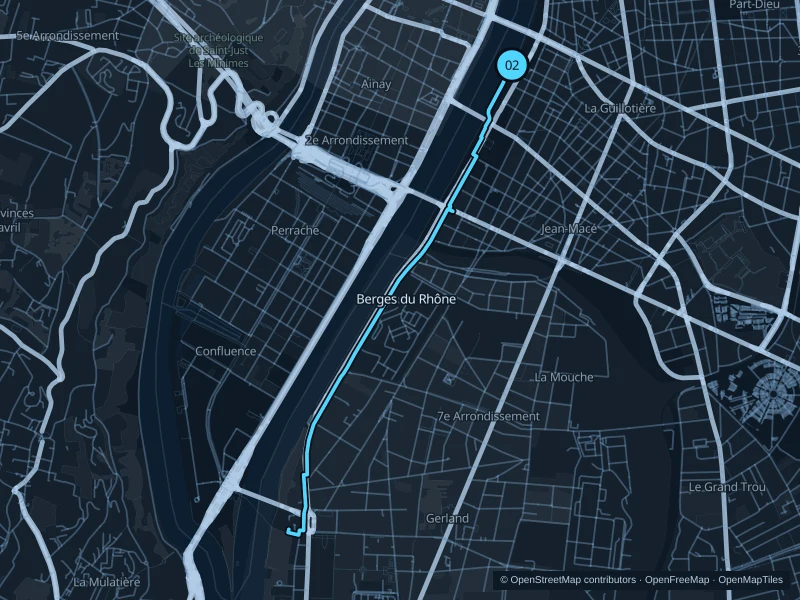 Map of the 6.2 km Berges du Rhône run, with start and finish marked 02.