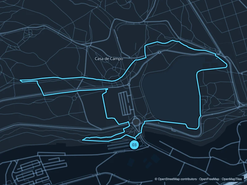 Mapa de la ruta Casa de Campo · Lago de 3,5 km, con inicio y final 03.