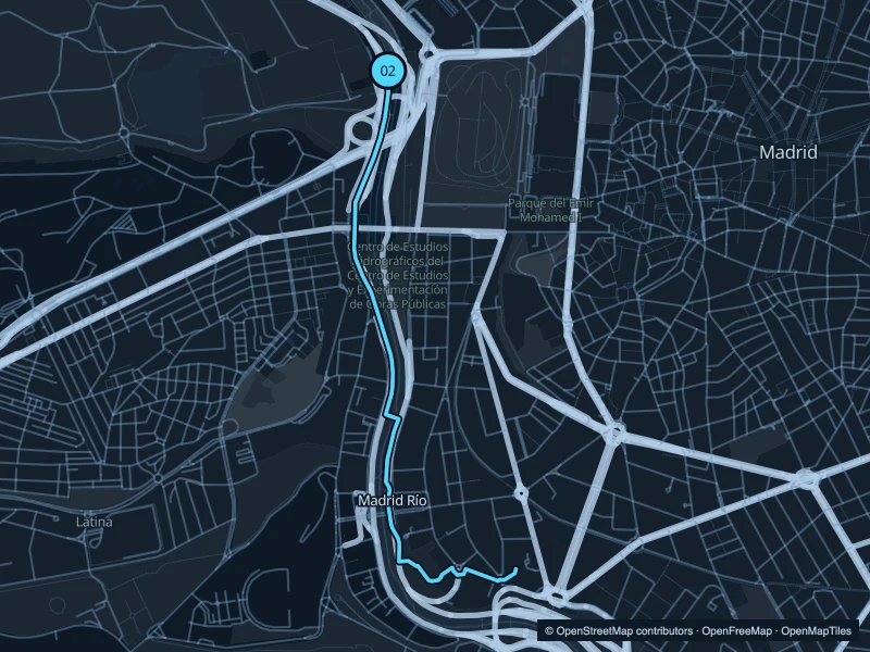 Mapa de la ruta Madrid Río de 5,3 km, con inicio y final 02.