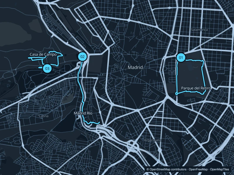 Mapa de Madrid con tres puntos de inicio numerados.