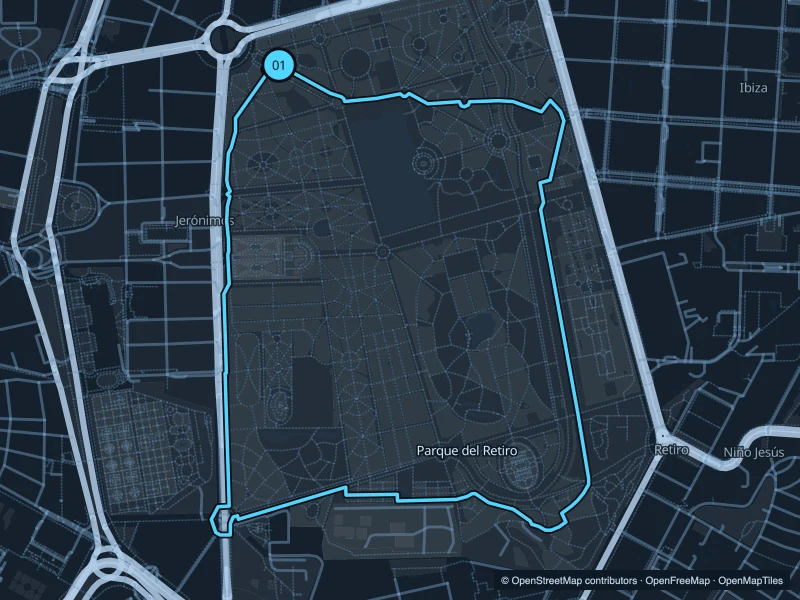 Mapa de la ruta Parque del Retiro de 4,0 km, con inicio y final 01.