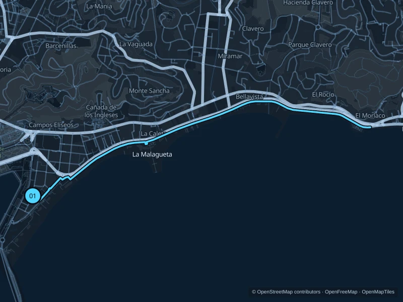 Map of the 5.4 km La Malagueta coastal promenade run, with start and finish marked 01.
