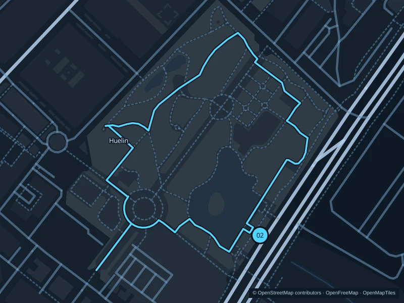 Map of the 2.1 km Parque de Huelin run, with start and finish marked 02.