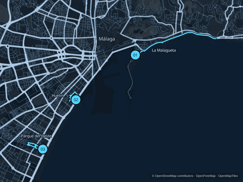Map of Málaga with three numbered running-route starts.