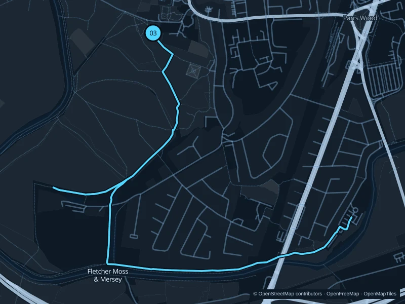 Map of the 5.7 km Fletcher Moss & Mersey run, with start and finish marked 03.