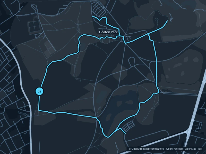 Map of the 4.6 km Heaton Park run, with start and finish marked 02.