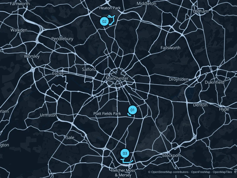 Map of Manchester with three numbered running-route starts.