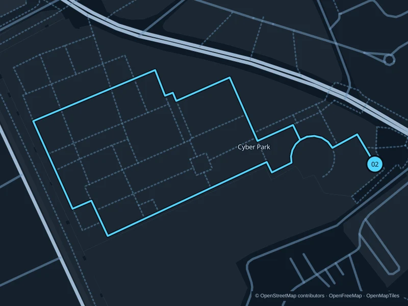 Mapa de la ruta de 1,3 km por Cyber Park · Arsat Moulay Abdeslam, con salida y llegada señaladas con 02.