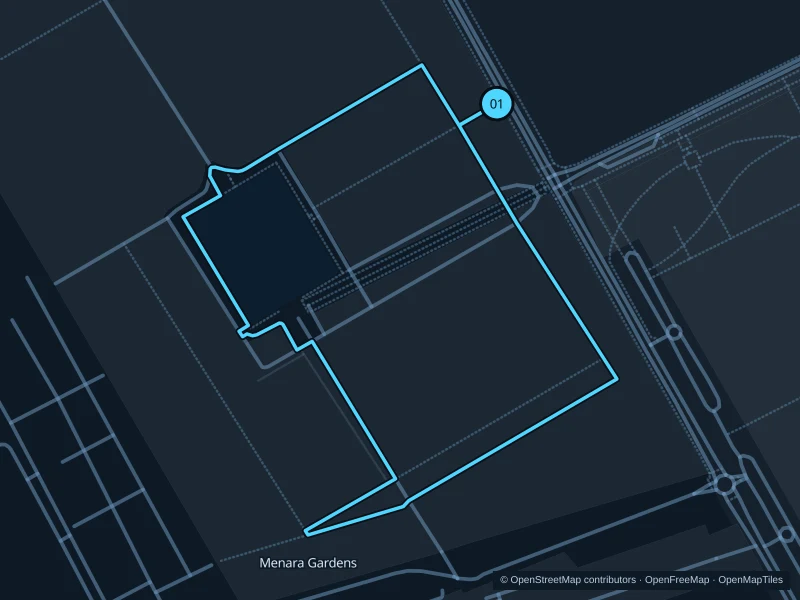 Mapa de la ruta de 2,5 km por los Jardines de la Menara, con salida y llegada señaladas con 01.