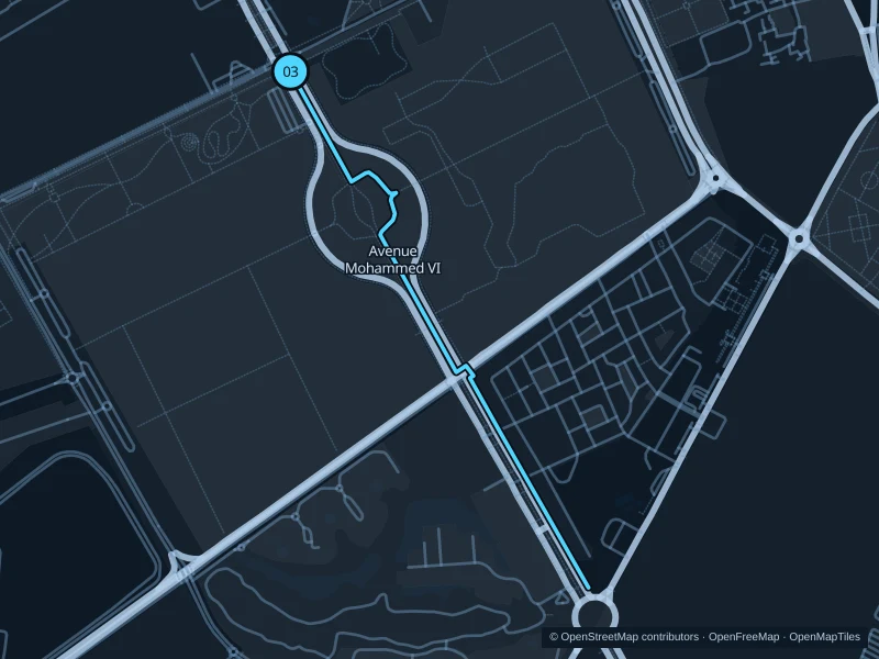 Mapa de la ruta de 3,6 km por el paseo de la avenida Mohammed VI, con salida y llegada señaladas con 03.