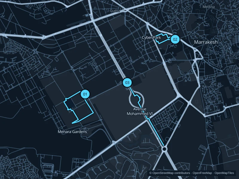 Mapa de Marrakech con tres puntos de salida numerados para correr.