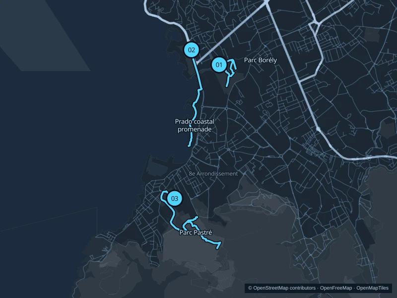 Map of Marseille with three numbered running-route starts.