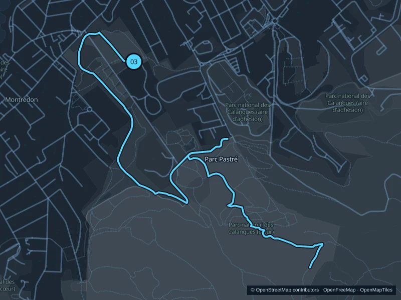 Map of the 6.4 km Parc Pastré run, with start and finish marked 03.