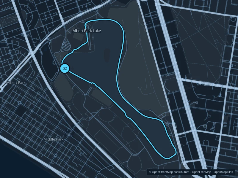 Map of the 4.7 km Albert Park Lake run, with start and finish marked 02.