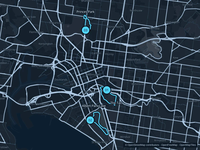 Map of Melbourne with three numbered running-route starts.