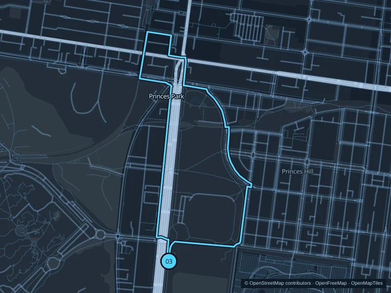 Map of the 3.0 km Princes Park run, with start and finish marked 03.
