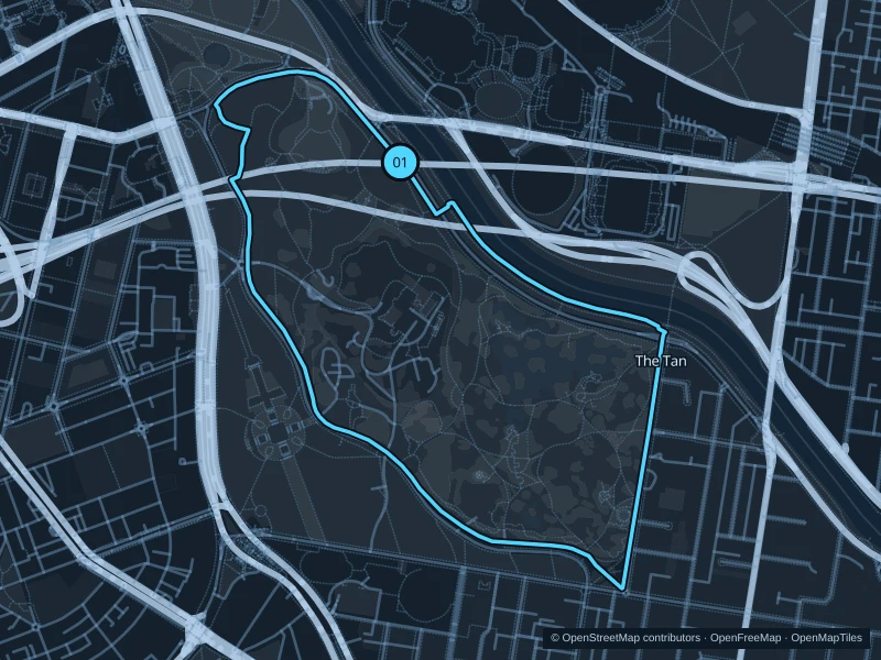 Map of the 4.0 km The Tan · Botanic Gardens run, with start and finish marked 01.
