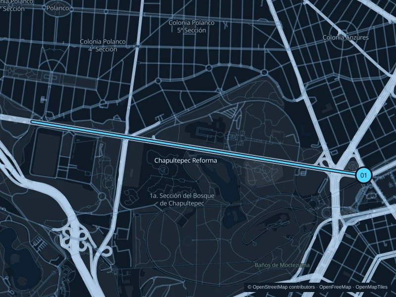 Map of the 4.7 km Chapultepec Reforma run, with start and finish marked 01.
