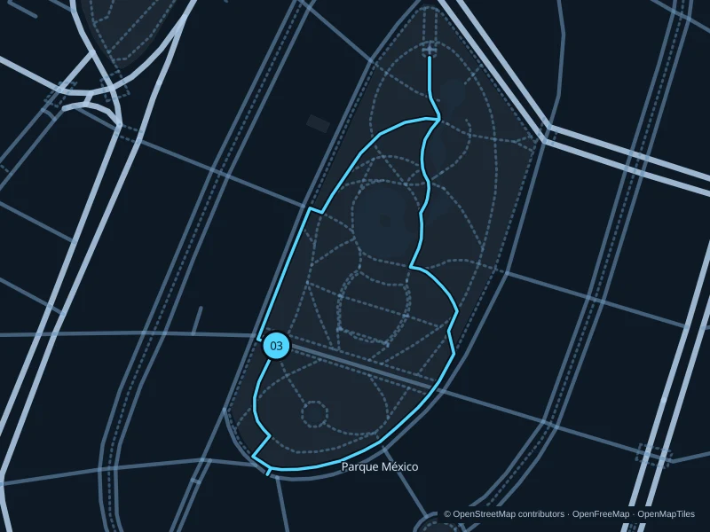 Map of the 1.0 km Parque México run, with start and finish marked 03.