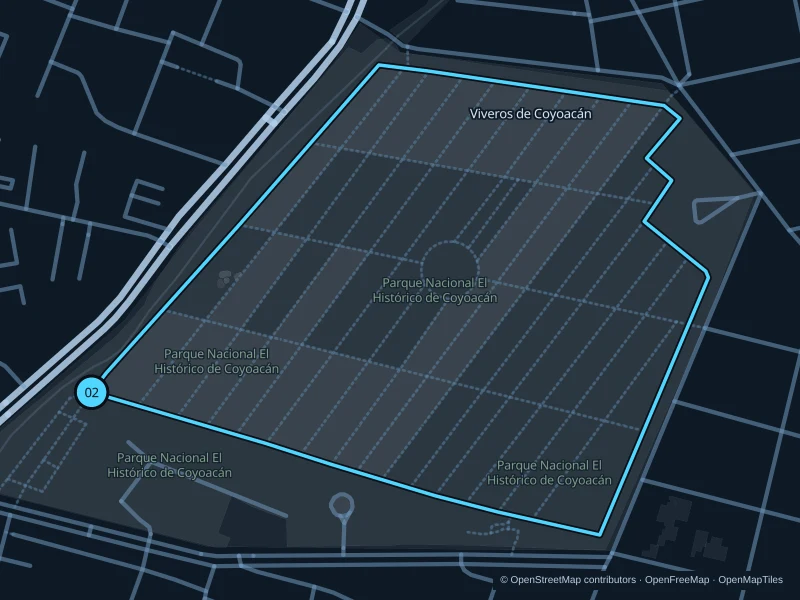 Map of the 2.2 km Viveros de Coyoacán run, with start and finish marked 02.