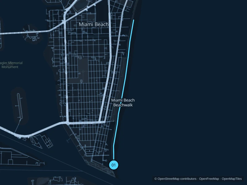 Karte der 6,1 km langen Laufroute Miami Beach Beachwalk, Start und Ziel sind mit 01 markiert.