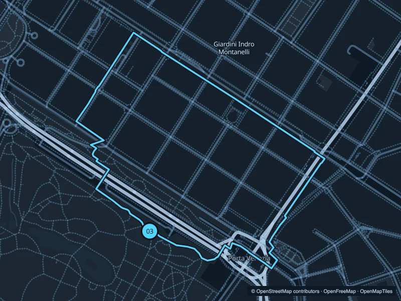 Map of the 1.8 km Giardini Indro Montanelli run, with start and finish marked 03.