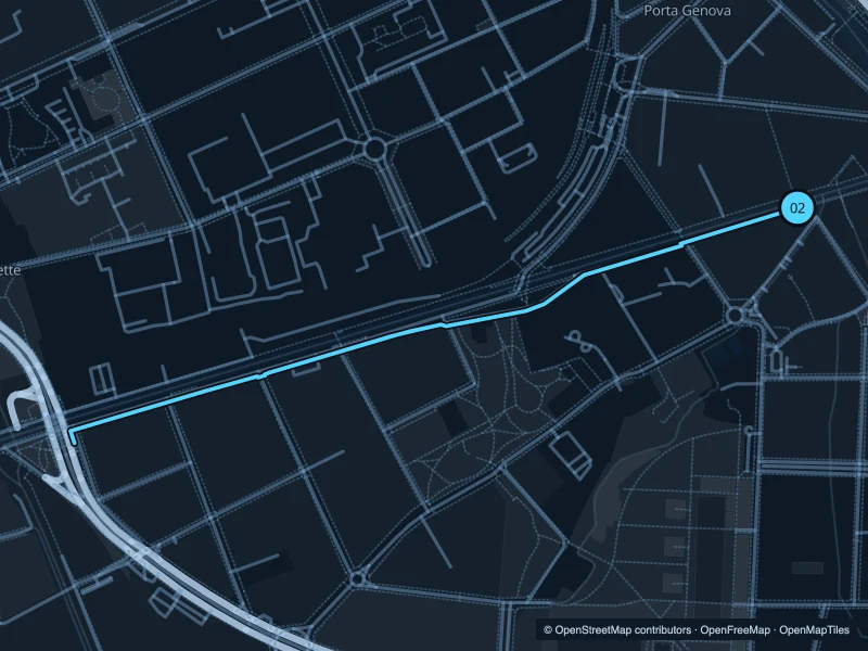 Map of the 2.6 km Naviglio Grande run, with start and finish marked 02.