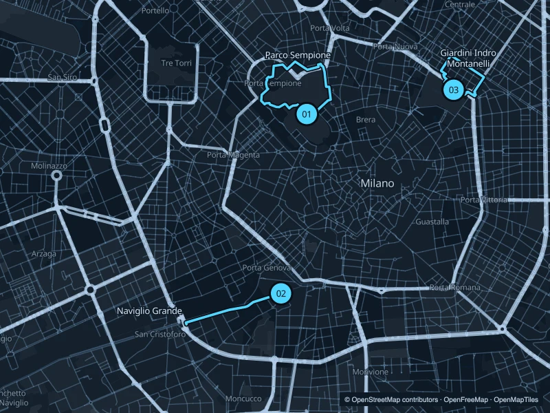 Map of Milan with three numbered running-route starts.