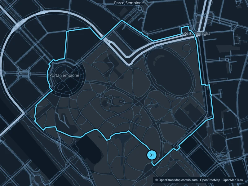 Map of the 3.0 km Parco Sempione run, with start and finish marked 01.