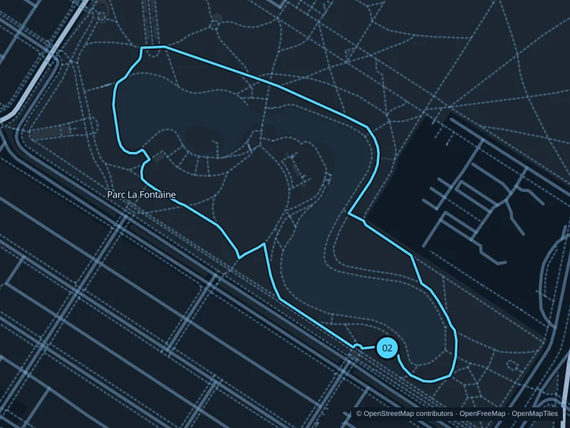 Mapa de la ruta de 1,4 km Parc La Fontaine · caminos interiores junto a los lagos, con salida y llegada señaladas con 02.