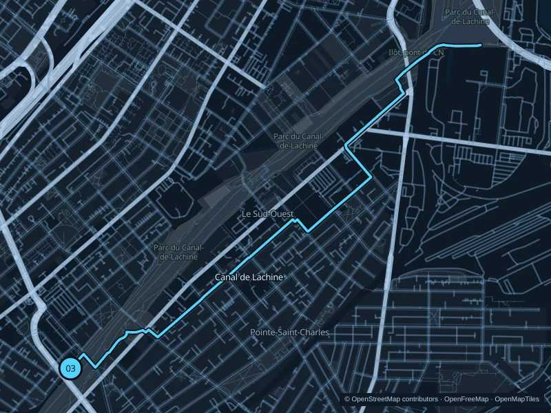 Mapa de la ruta de 5,5 km Canal de Lachine · de Atwater a Bassin Peel, con salida y llegada señaladas con 03.