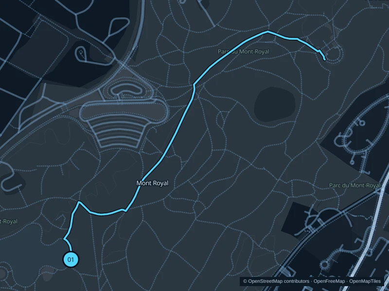 Mapa de la ruta de 2,2 km Mont Royal · del Lac aux Castors a Kondiaronk, con salida y llegada señaladas con 01.